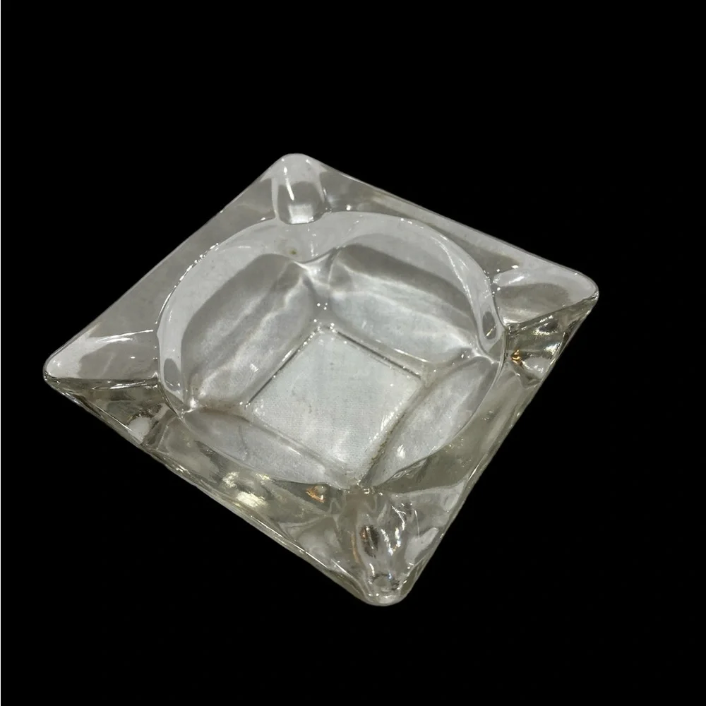 Vintage MCM Clear Pressed Glass Ashtray Set Catchall Trinket Dish 3pc